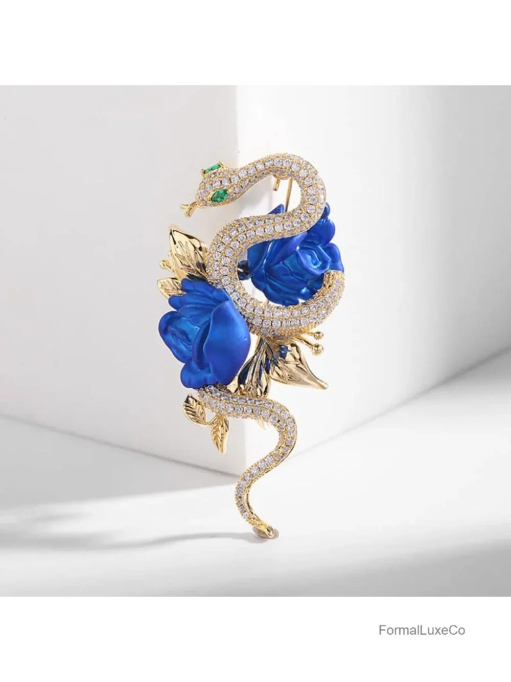 14K Gold Serpentine Brooch with Moissanite & Emerald Gemstones, Elegant Rose
